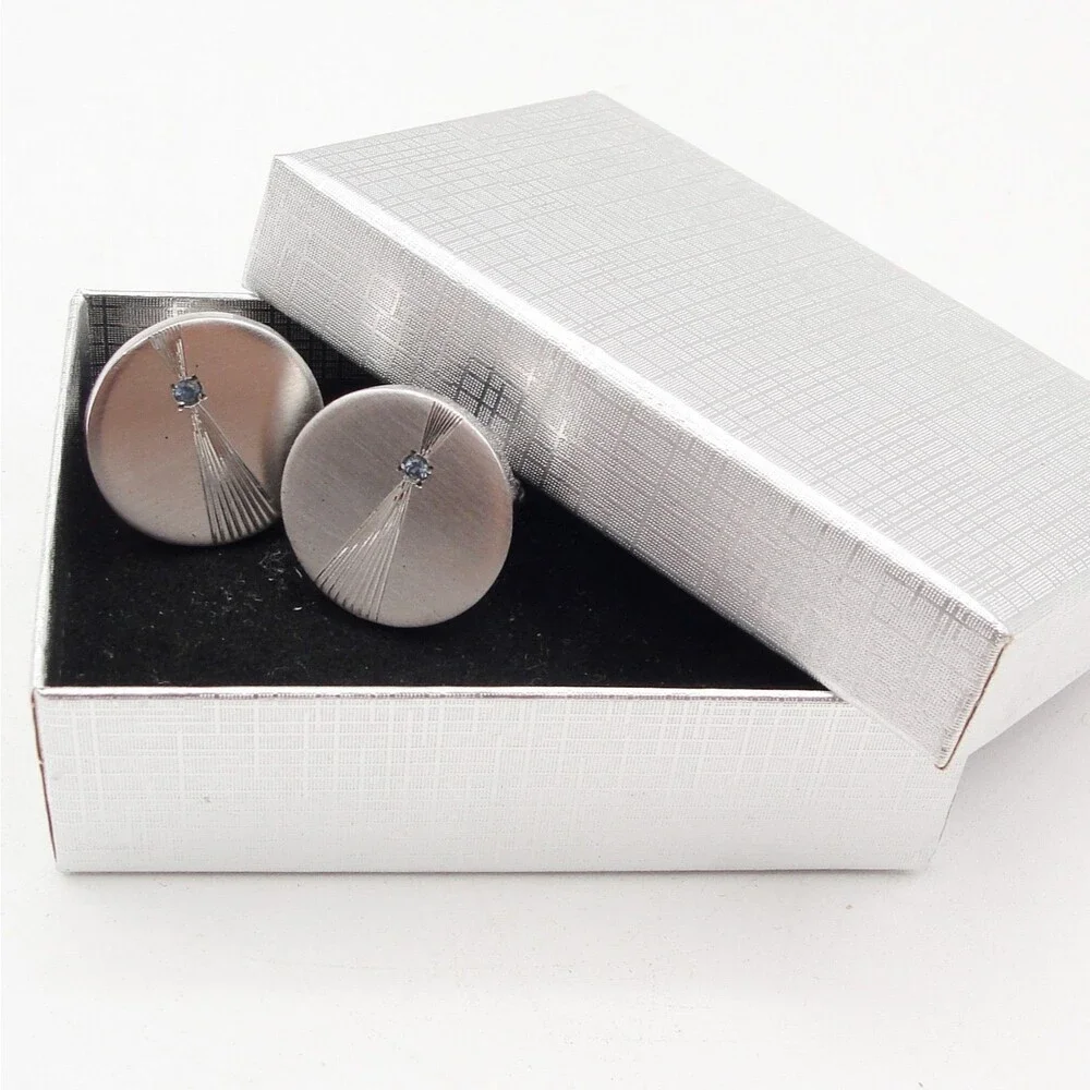 Vintage PRK Sterling Silver Round Blue Topaz Starburst Cufflinks MCM Atomic